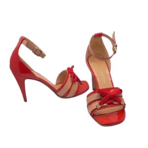 Louis Vuitton Red Patent Leather Heels with Bow gold LV original box & dust bag